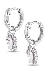 tiny silver pink cubic zirconia unicorn dangle hoop baby earrings 